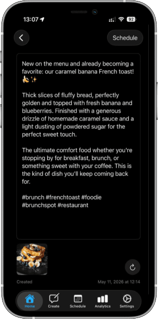 Pulse caption draft screen with generated post text
