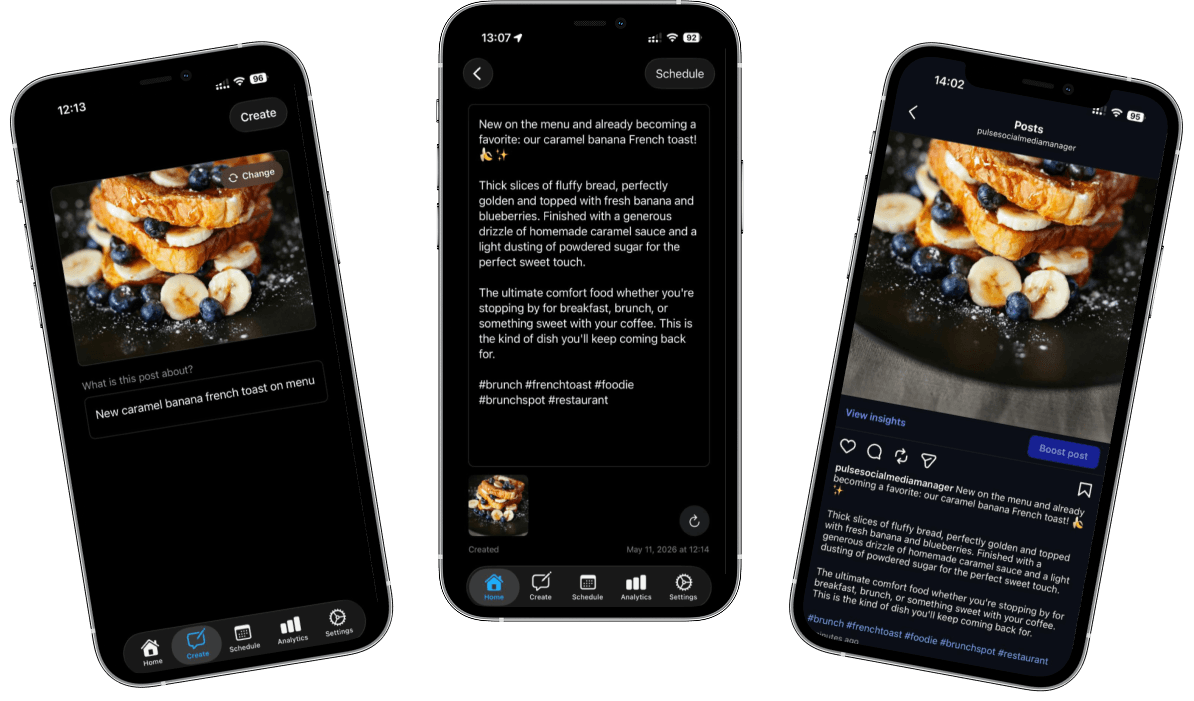 Pulse app screens showing create, caption, and posted views